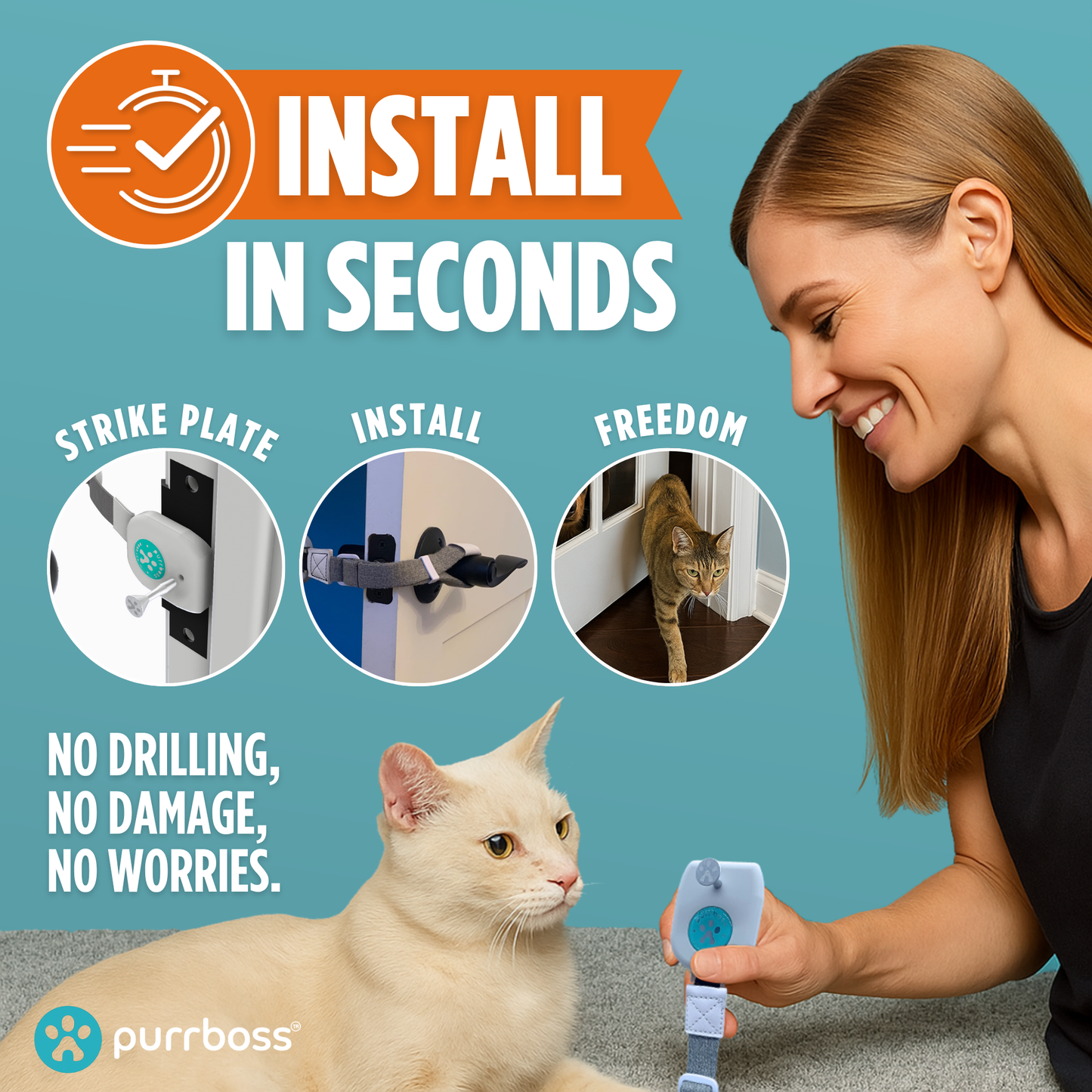 Purrboss Door Leash– Easy Cat Door Latch to Keep Doors Open for Pets, Dog-Proof Pet Gate Alternative for Feeding & Litter Box Areas
