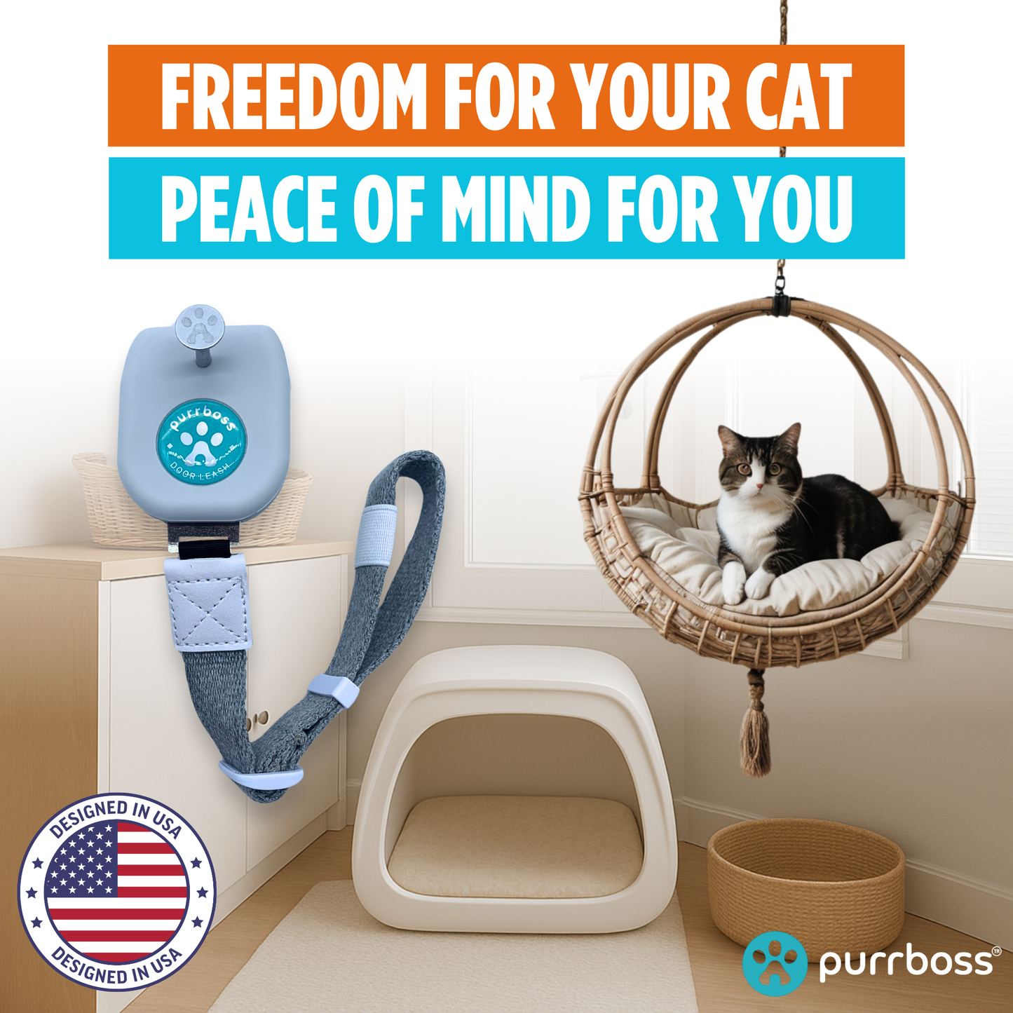 Purrboss Door Leash– Easy Cat Door Latch to Keep Doors Open for Pets, Dog-Proof Pet Gate Alternative for Feeding & Litter Box Areas