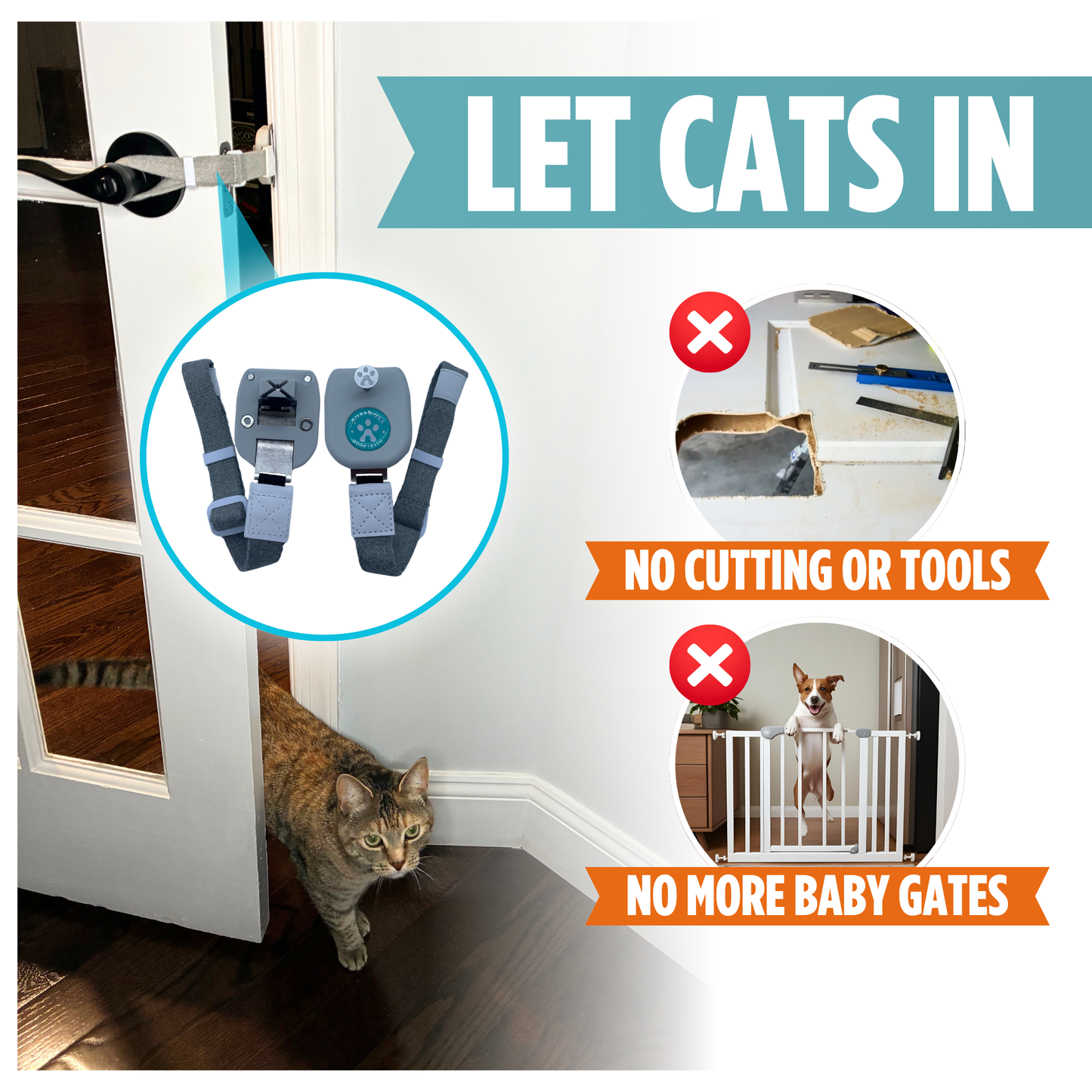 Purrboss Door Leash– Easy Cat Door Latch to Keep Doors Open for Pets, Dog-Proof Pet Gate Alternative for Feeding & Litter Box Areas