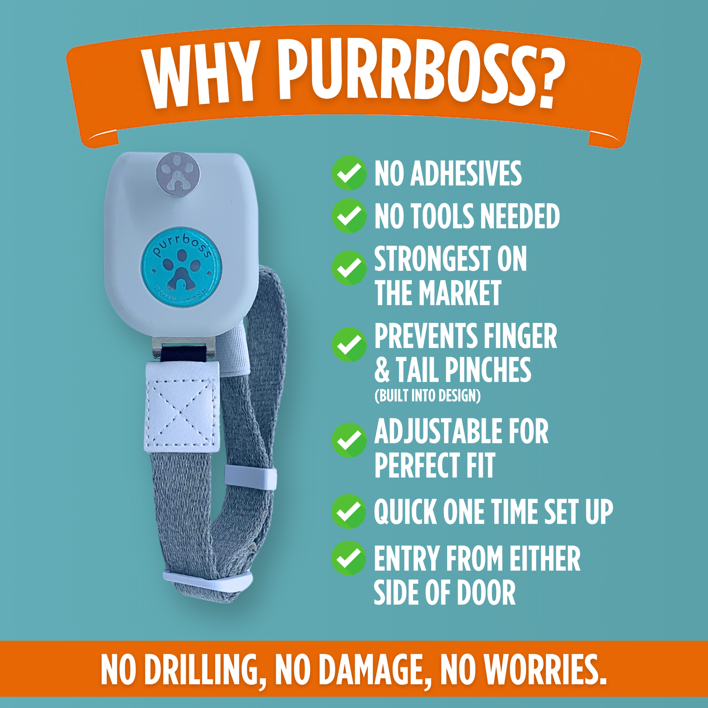Purrboss Door Leash– Easy Cat Door Latch to Keep Doors Open for Pets, Dog-Proof Pet Gate Alternative for Feeding & Litter Box Areas